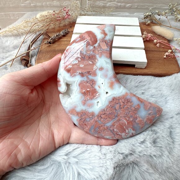 Beautiful Large Cotton Candy Pink Agate Druzy Moon with Stand - Picture 2 of 8
